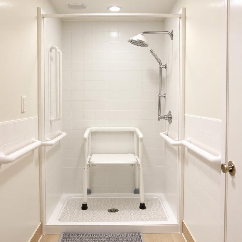 Baño seguro para adultos mayores con barras de apoyo, silla de ducha y tapete antideslizante
