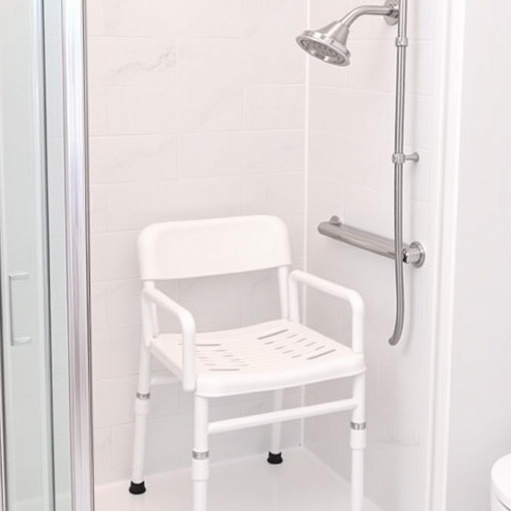 Silla de ducha blanca antideslizante dentro de la ducha junto a barra de apoyo y ducha de mano