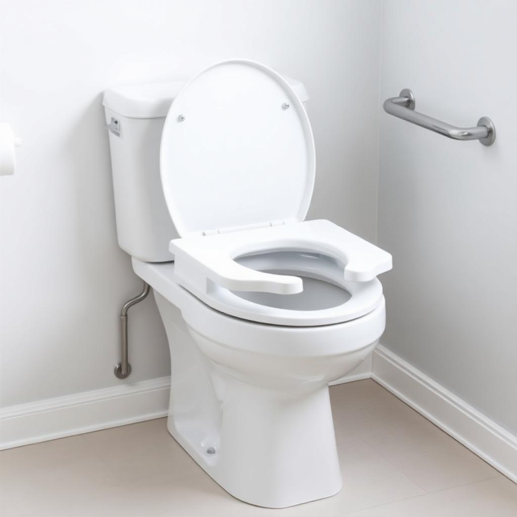 Inodoro blanco con elevador de asiento instalado y barra de apoyo lateral en la pared