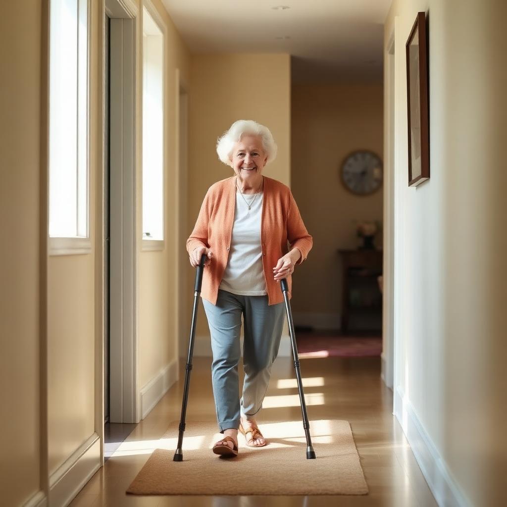 Adulta mayor caminando de forma segura por un pasillo bien iluminado con la ayuda de un bastón