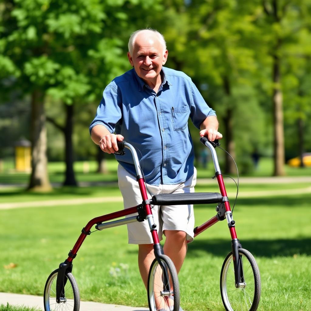 Adulto mayor caminando en un parque con un rollator de cuatro ruedas y asiento