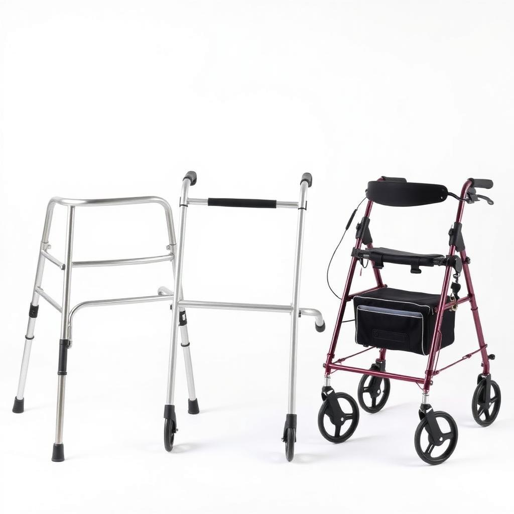 Comparación lado a lado: andador estándar, andador con 2 ruedas y rollator con asiento